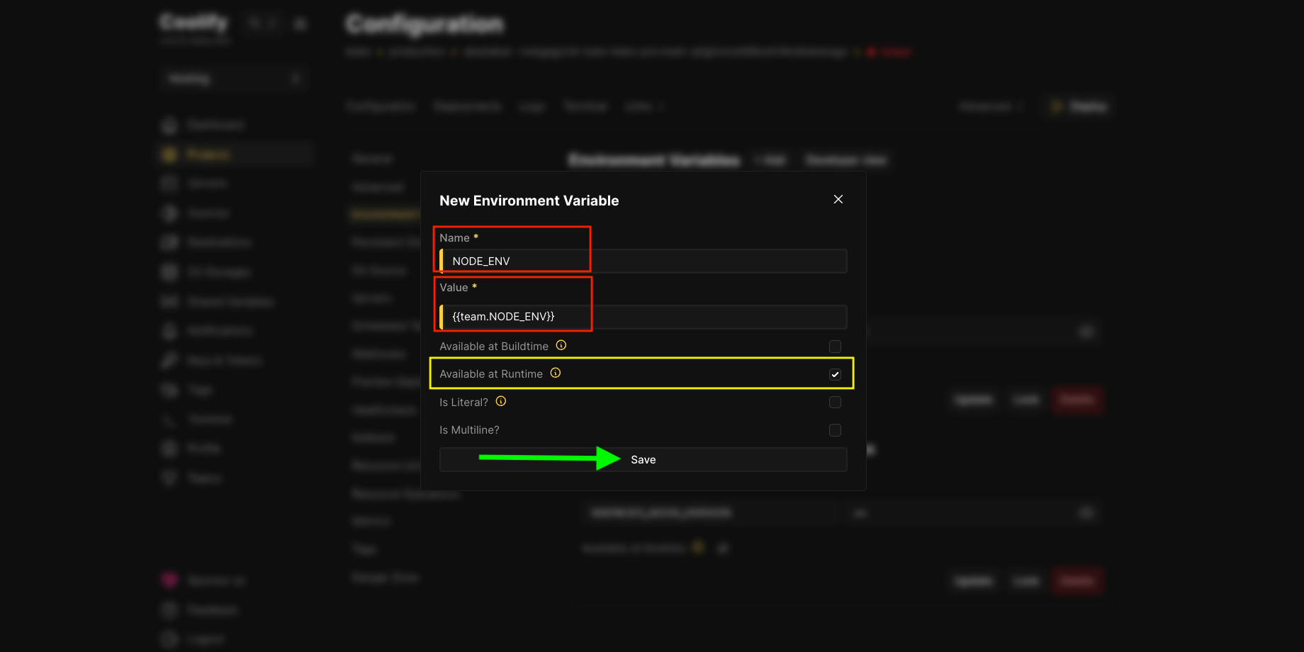 Fill the new environment variables form